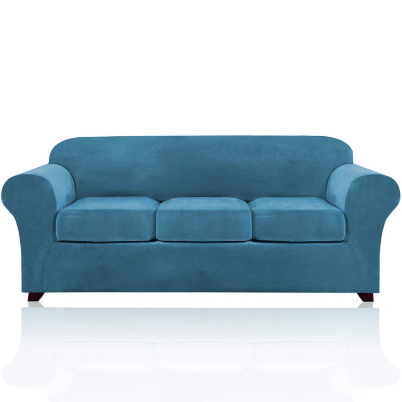 PrinceDeco Velvet Couch Covers for Sofa Soft 4 Pieces Couch Covers for 3 Cushion Couch Sofa Pet Friendly Furniture Protector with Non Slip Elastic Bottom Width Up to 90 Inch (Large, Blue) - Image 1